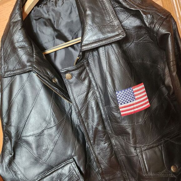 Vintage Motorcycle Leather Jacket with American Flag Patch & Eagle‎ Patch Size M - Picture 2 of 16